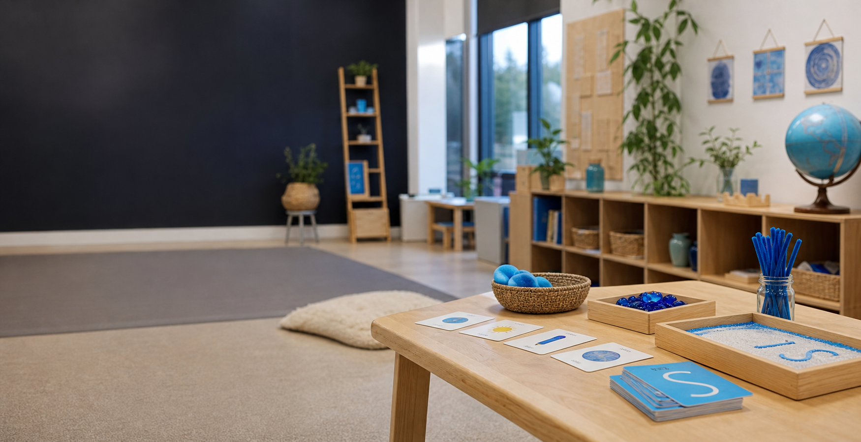 A calm early-years classroom with hands-on learning materials